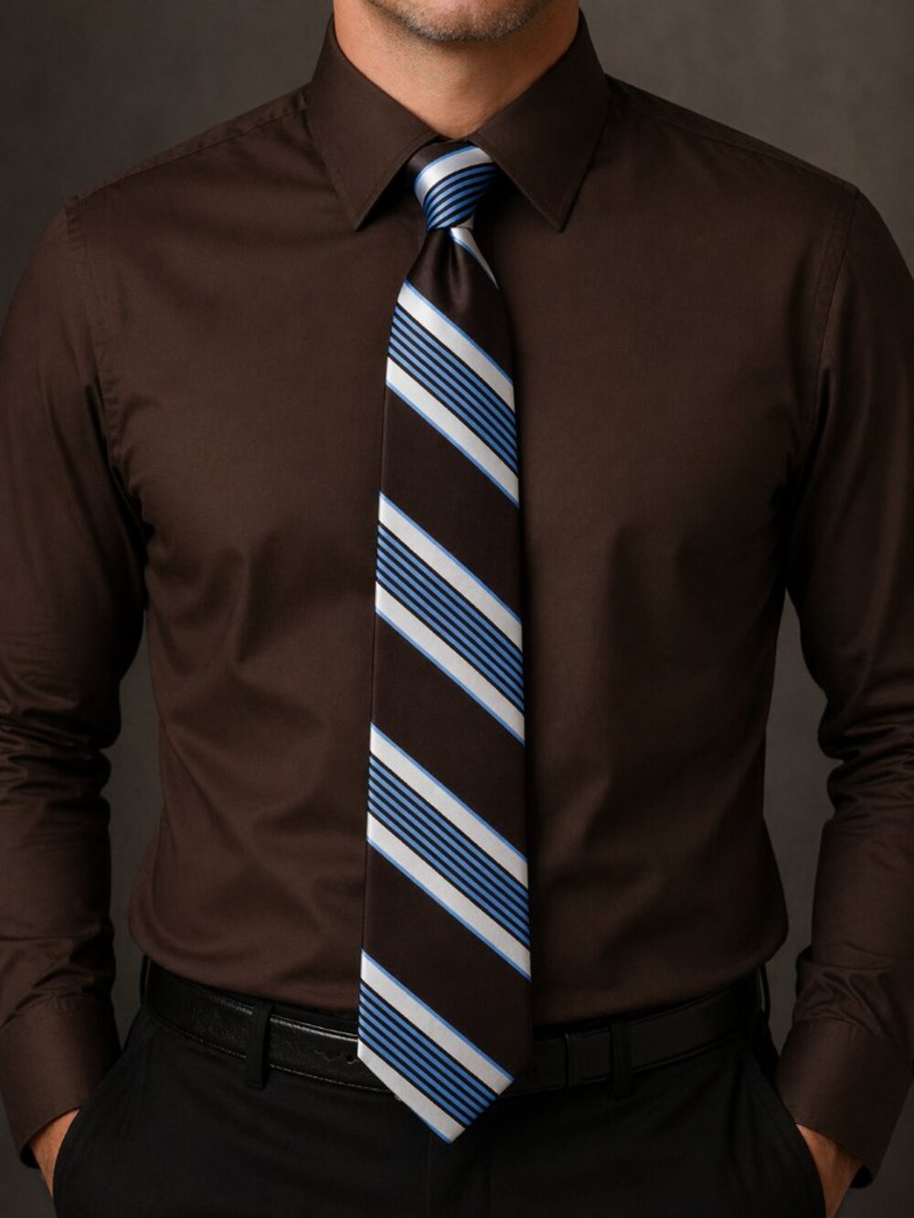 Chaps Ralph Lauren Men's Necktie Brown Blue Diagonal Striped Pattern 3.5 X 61"L